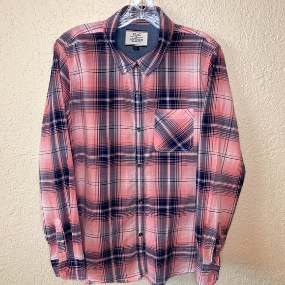 Flag and Anthem Tops - Flag and Anthem Pink Blue Plaid Lightweight Cotton Long Sleeve Button Down Top